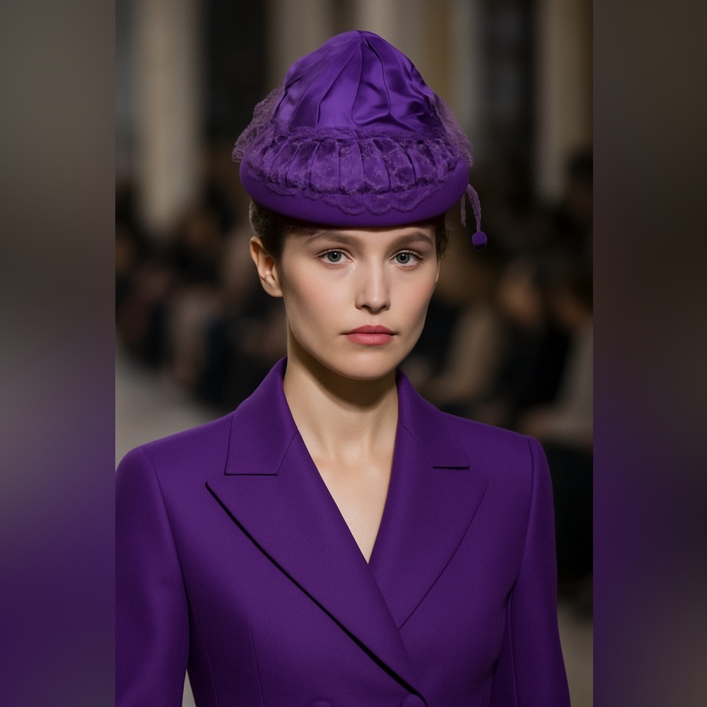 Vintage 1950s 60’s purple pillbox hat by Lora Madman Era Structured Knitted Veil